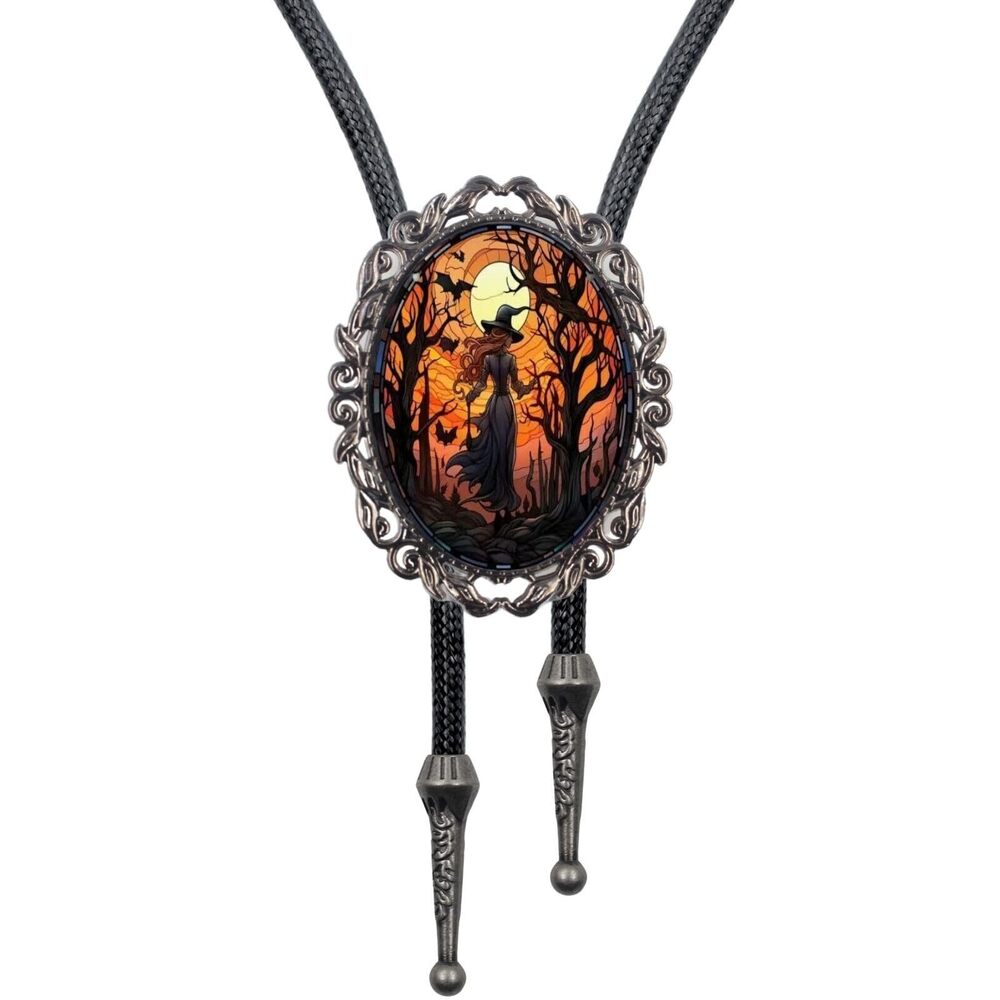 7465 Gothic Bolo Tie Cameo Western Cowboy Black Cat Bat Witch Vintage